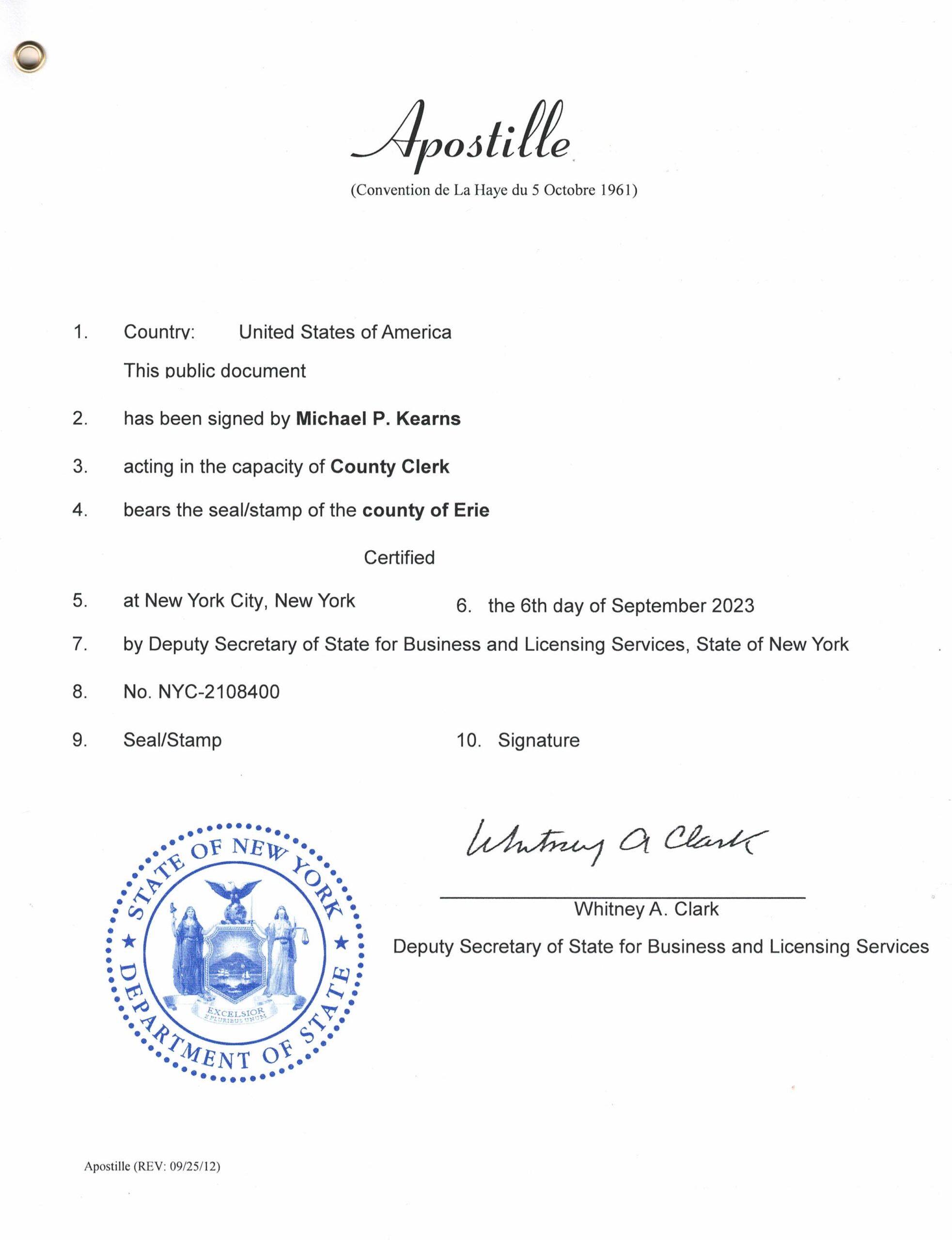 a picture of a New York State Apostille